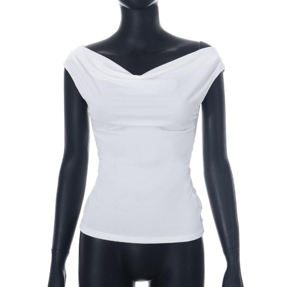 Women s Off Shoulder Sleeveless Ruched Tight Top Sexy Solid Color Cowl Neck Slim Fit Club Blouse S белый