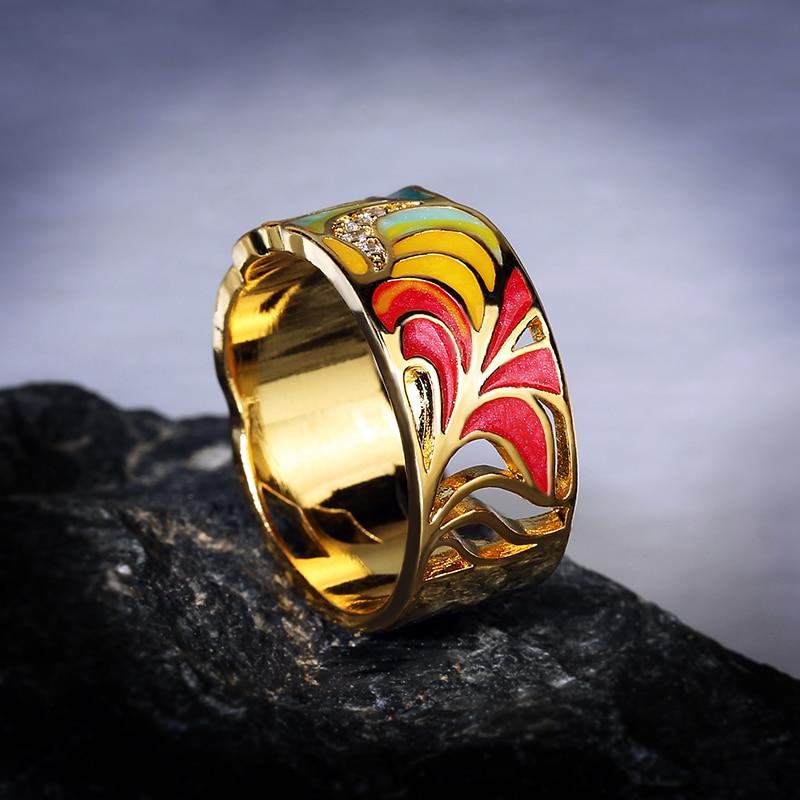 Ladies Silver Ring 925 Silver Plated Fashion Ring Golden Color Feather Zircon Ring Party Jewelry Enamel Handmade