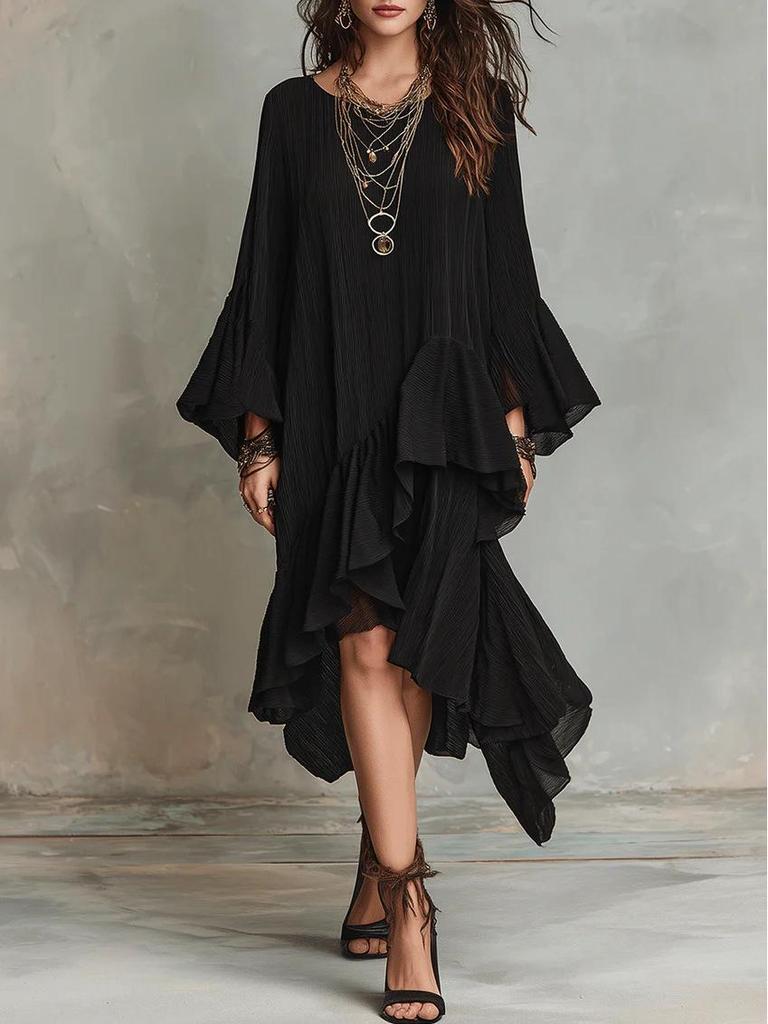 Europäischer Frühling/Sommer 2026 Elegantes asymmetrisches Rüschen-Schwarz-Kleid