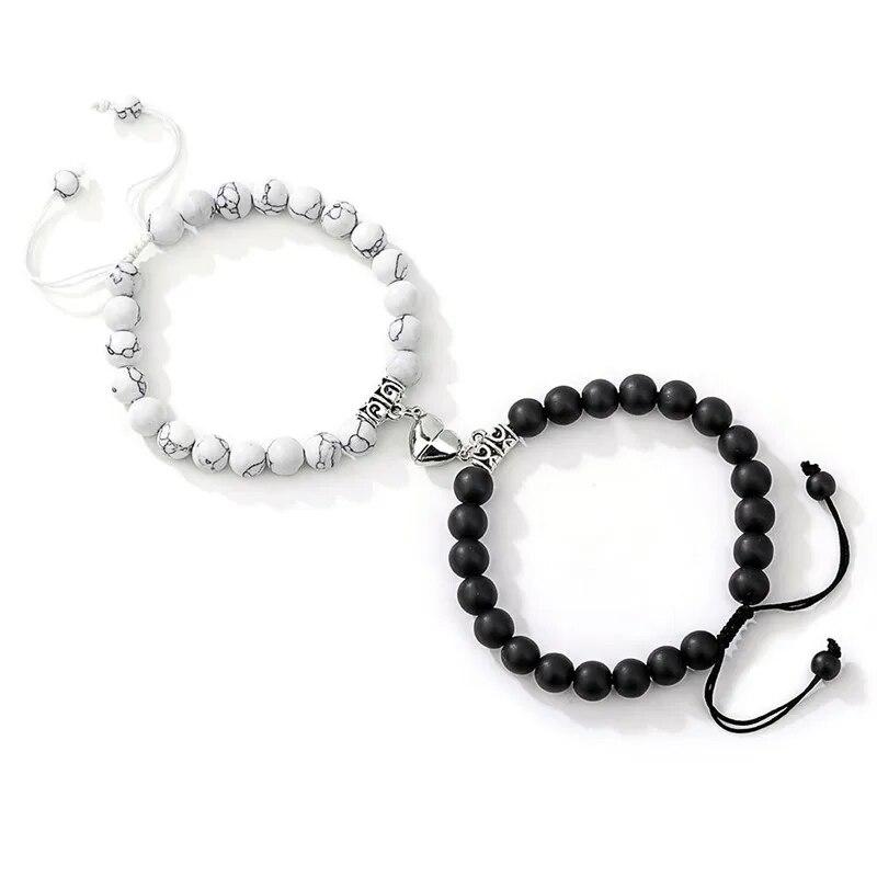Trendy Couple 2Pcs/Set Natural Stone Beads Love Heart Magnetic Bracelet For Women Men Charm Peach Beaded Bracelets Jewelry Gifts