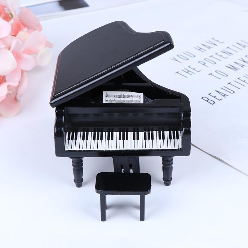 1:12 Dollhouse Miniature Black Wooden Grand Piano With Stool Model Play Toys