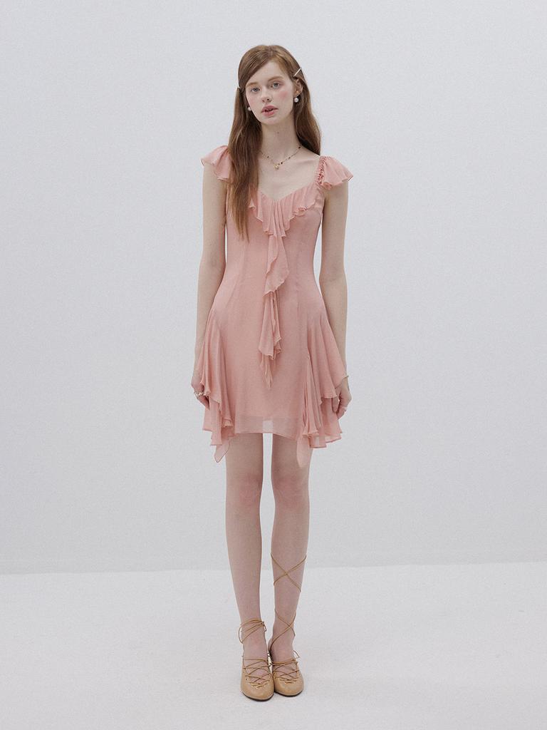 Sinseuden Coral Pink Ruffle Mini Dress