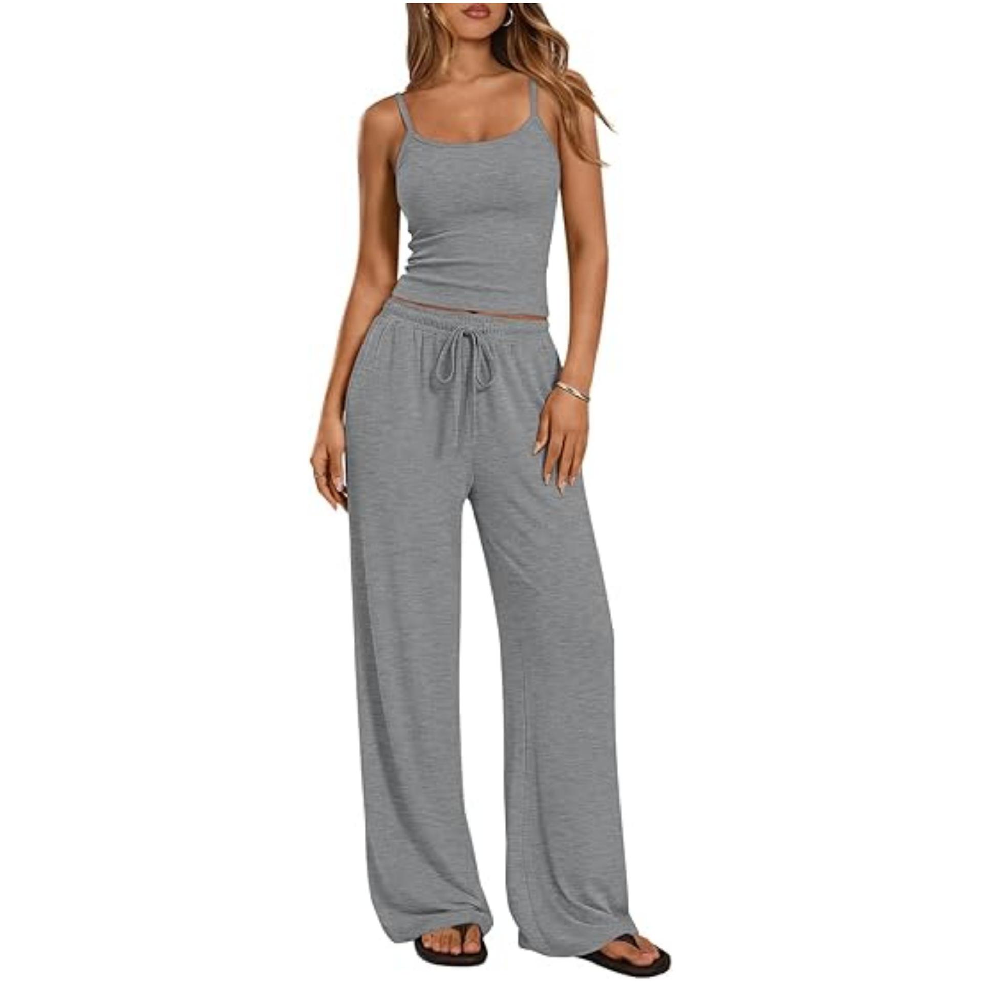

2026 Women s Casual Set: Solid Color Camisole & Wide-Leg Pants 2-Piece Outfit XL темно серый