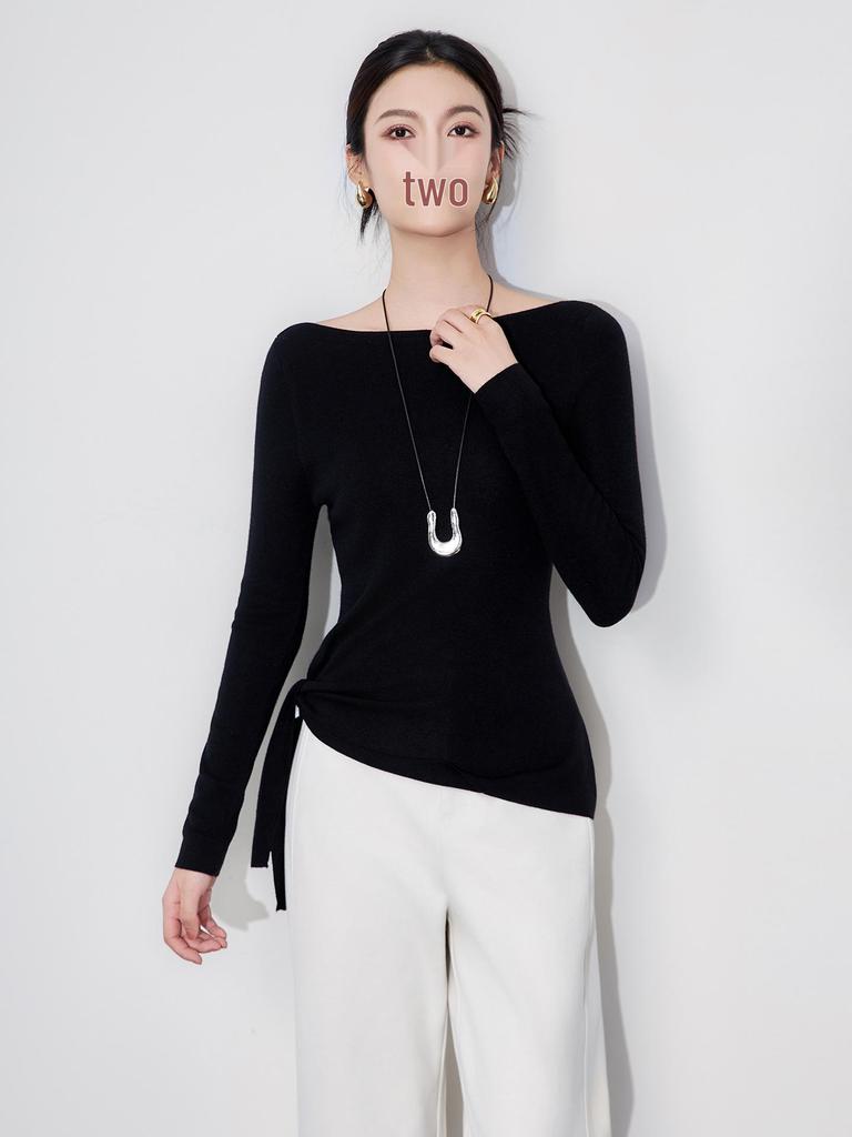 Design Sense Off-Shoulder Tie-Up Wool Knit Top: Minimalist Waist-Defining Long Sleeve for Early Autumn