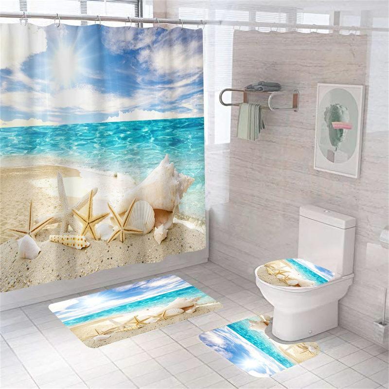4Pcs/Set Print Shell Starfish Shower Curtains Ocean Beach New Bath Mat Set Waterproof Bath Curtain Polyester Anti-slip Carpet Toilet Rugs