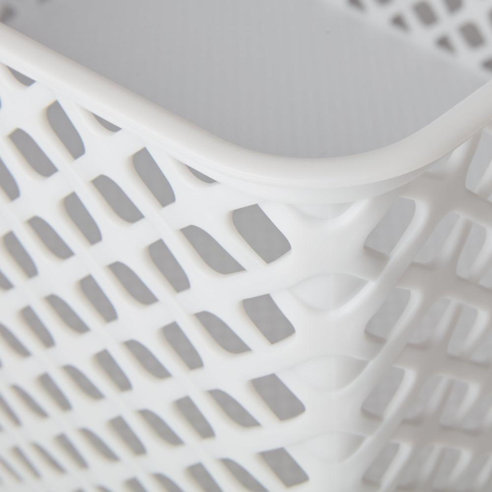 Large White Decorative Storage Basket with Cut-Out Handles Durable Plastic Mesh Design Ideal Organizing Home Office Garage Toys