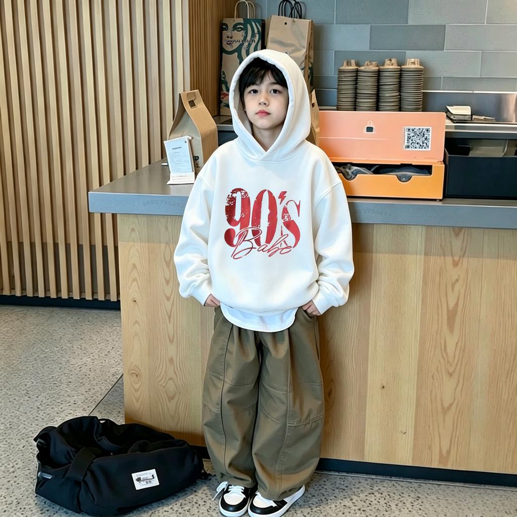 Korean version Autumn Winter Kids Hoodie Retro 90s Babe Distressed Letter Graphic Print Boys Girls Casual Pullover Sweatshirt