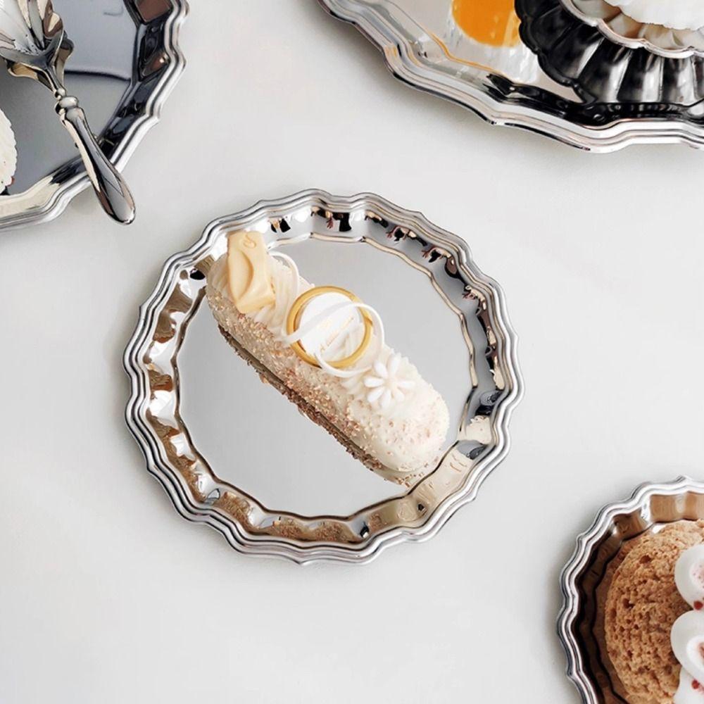 Retro Stainless Steel Cake Tray Round Luxury Jewelry Storage Plate Photo Props Silver Dessert Plate Home Decoration
