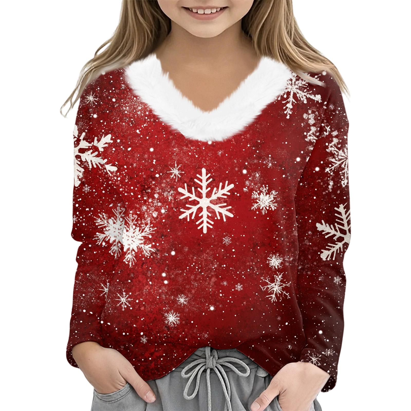 

Рождественские футболки с длинным рукавом для девочек, детская футболка с V-образным вырезом, рождественский принт, топ с длинным рукавом 110 красный