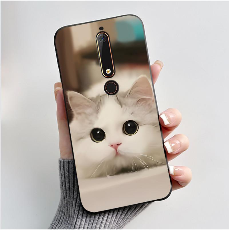 Custodia Per Nokia 6.1 6.1 Plus Custodia Antiurto Estetica Moda Cartone Animato Gatto Carino Nera Gomma Silicone Morbida Cover Bumper Alloggiamento