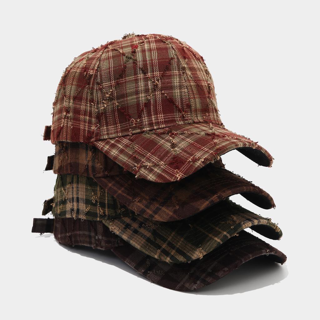 Retro Personality Fashion Broken Edge Ripped Plaid Baseball Cap Men's and Women's Street Casual Versatile Trend Shade Cap