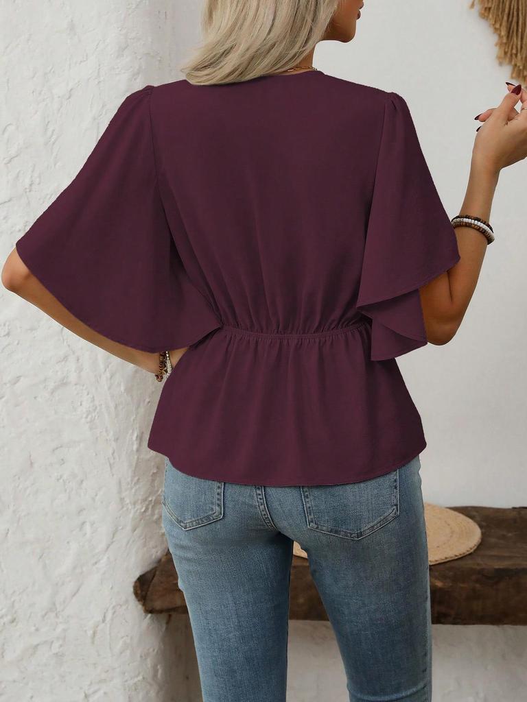 2026 European Style V-neck Waist-cinching Women's Short-sleeved Top