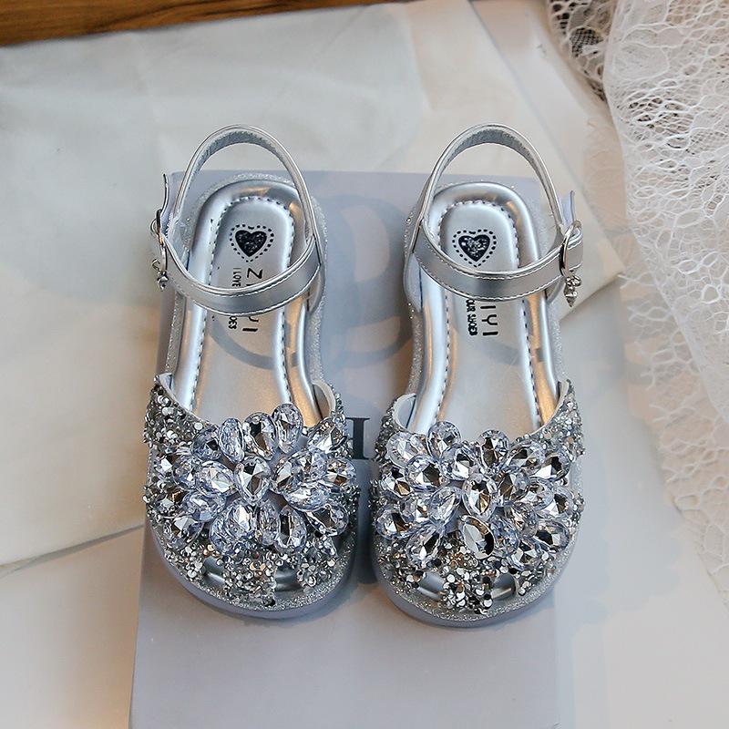 Girls  Stylish Closed-Toe Crystal Sandals - Summer Soft Sole Princess Shoes 24