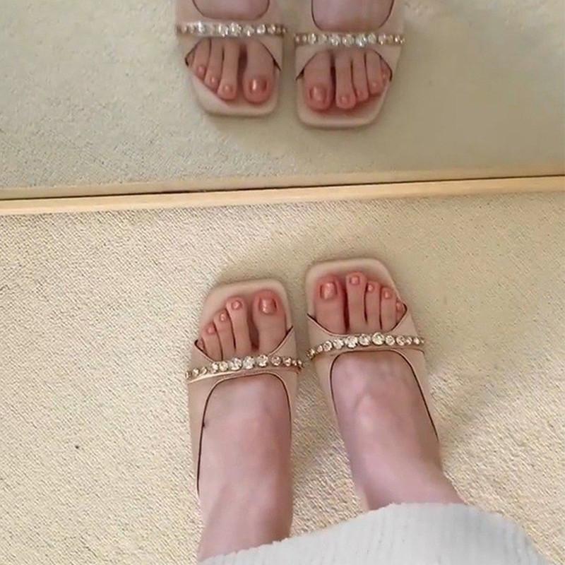 Spring and Summer Footwear Plus Size Open Toe Word with High-heeled Sandals and Rhinestone Slippers Women's Shoes