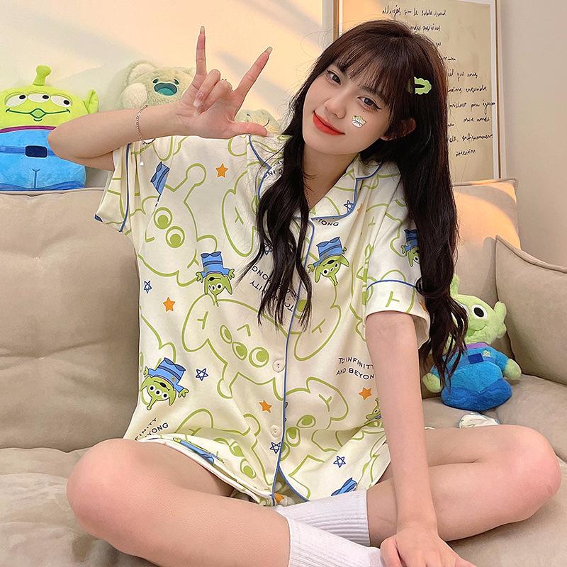 GMXIA High-quality Cotton-like Cute Cardigan Short-sleeved Student Pajamas for Women, Sweet Summer Style for Women's Home Wear