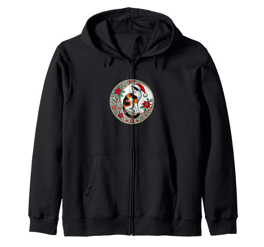 Christmas Calico Cat Santa Hat Illustration Art Nouveau Zip Hoodie