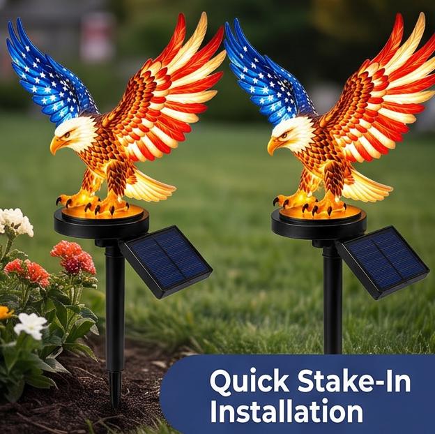 Solar Eagle Garden Stake Light: Resin Bald Eagle with American Flag Wings Warm LED Solar Powered 45 cm Outdoor Lawn Patio Decor Memorial Day Gift
