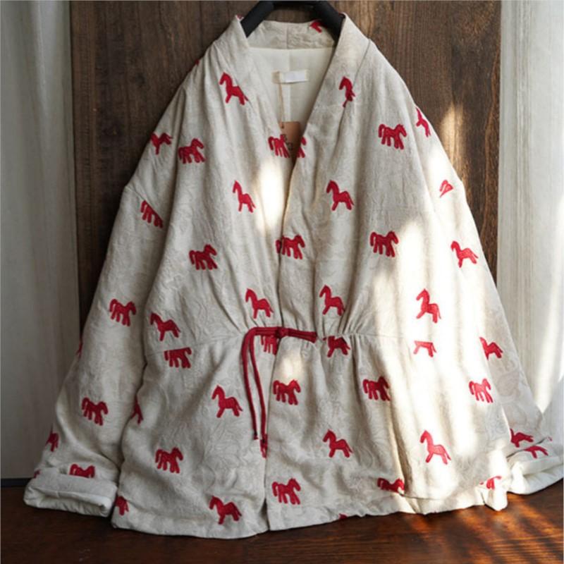 Johnature Women Vintage Jacquard Coats Spring Chinese Style Print Horse V-Neck Long Sleeve Coats