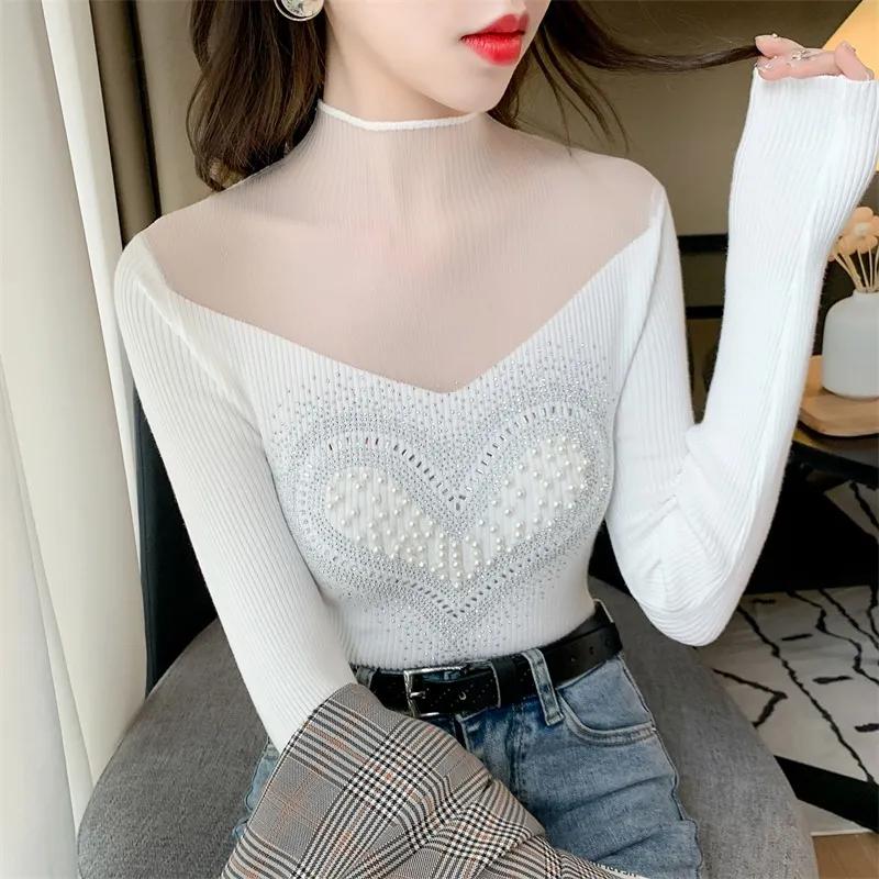 

Осенние сетчатые трикотажные пуловеры с полувысоким воротником, женские свитера с длинными рукавами, женские зимние трикотажные изделия со стразами 29435 One Size белый