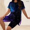 Women Plus Size Two Piece Set Crew Neck Short Sleeve Side Slit Top And Biker Shorts Cosmic Swirl Galaxy Print Outfit