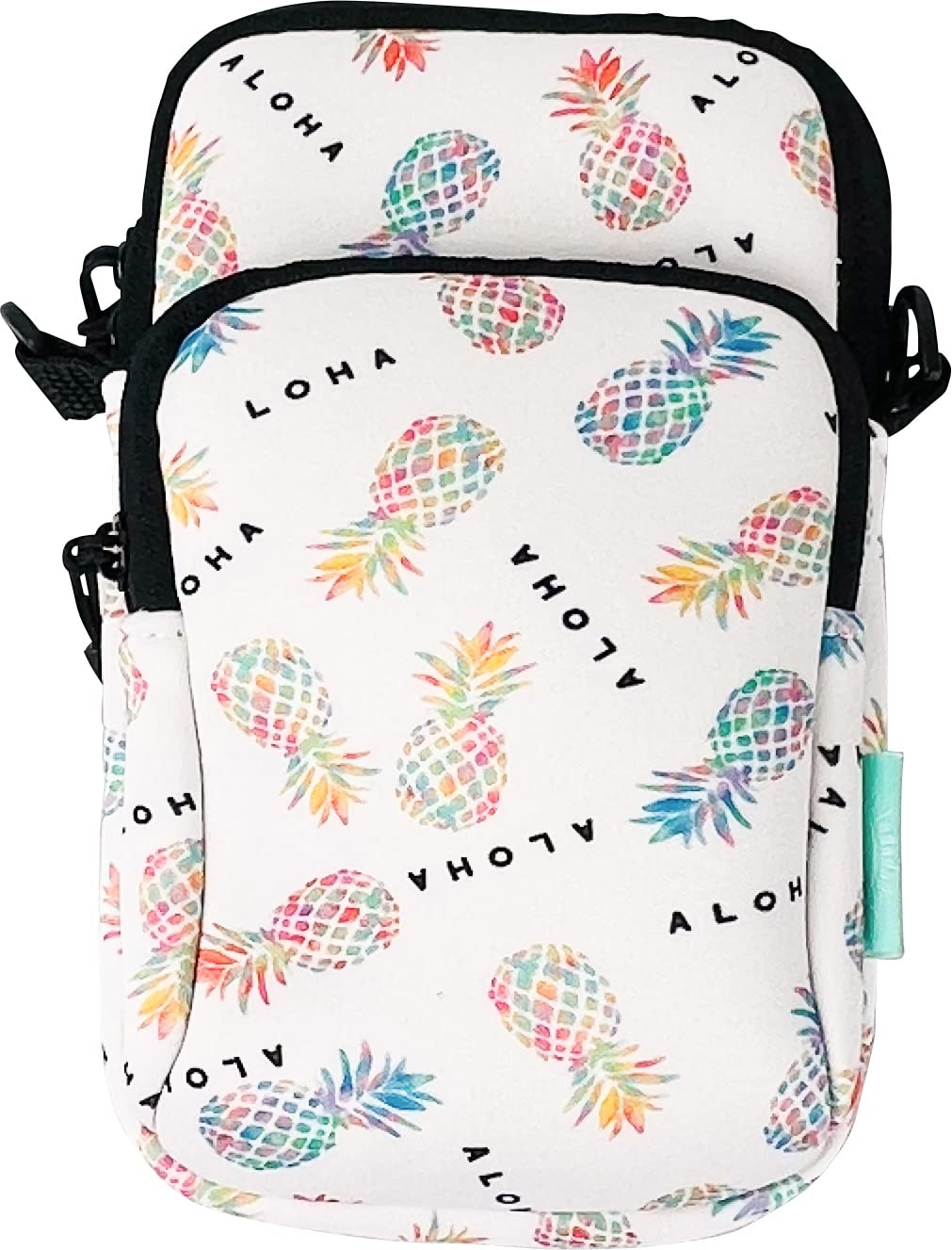 

This neoprene mobile case is perfect for short trips. It measures 12cm wide x 19cm high x 2cm deep and features a pineapple pattern. The front pocket