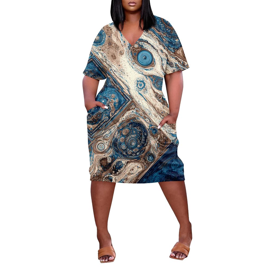 Letní nadměrné velikosti V výstřih krátký rukáv ke kolenům kapsa potisk ležérní šaty pro ženy