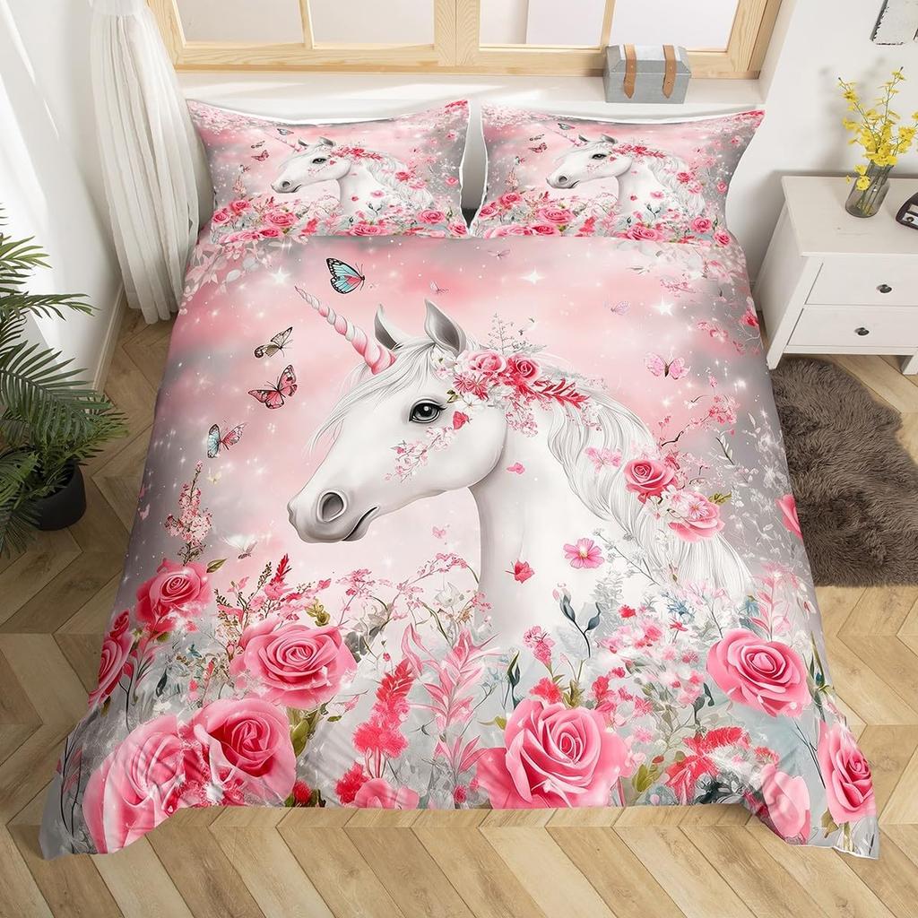 Einhorn Pferd Bettbezug Set Queen Size Träumerisches Regenbogen Bettwäsche 3 Teile Kinder Teenager Buntes Funkelndes Galaxie Set 2 Kissenbezüge