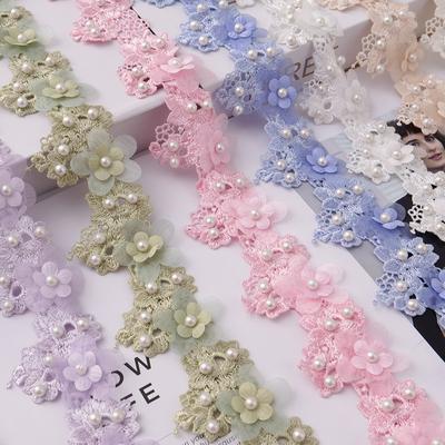 Spitzenbesatzband für Hochzeitskleid DIY Bastelmaterial 3D gestickte Blumen Patch Dekorativer Perlenstoff Nähzubehör