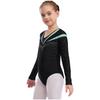 Girls Long Sleeve V Neckline Dance Leotards Shiny Rhinestone Decorated Contrast Color Slim Fit Unitard