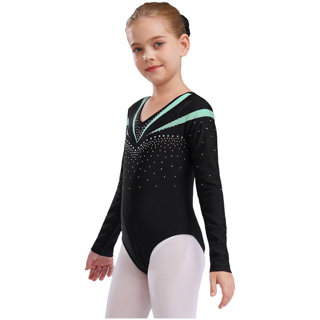 Girls Long Sleeve V Neckline Dance Leotards Shiny Rhinestone Decorated Contrast Color Slim Fit Unitard