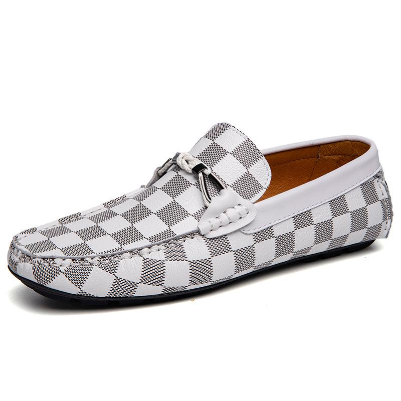 Herrenschuhe Doudou-Schuhe Ein-Pedal-Faul-Fahren-Lederschuhe Sommer Low-Top Kariert Rindsleder-Oberfläche Freizeitschuhe Einzelne Schuhe