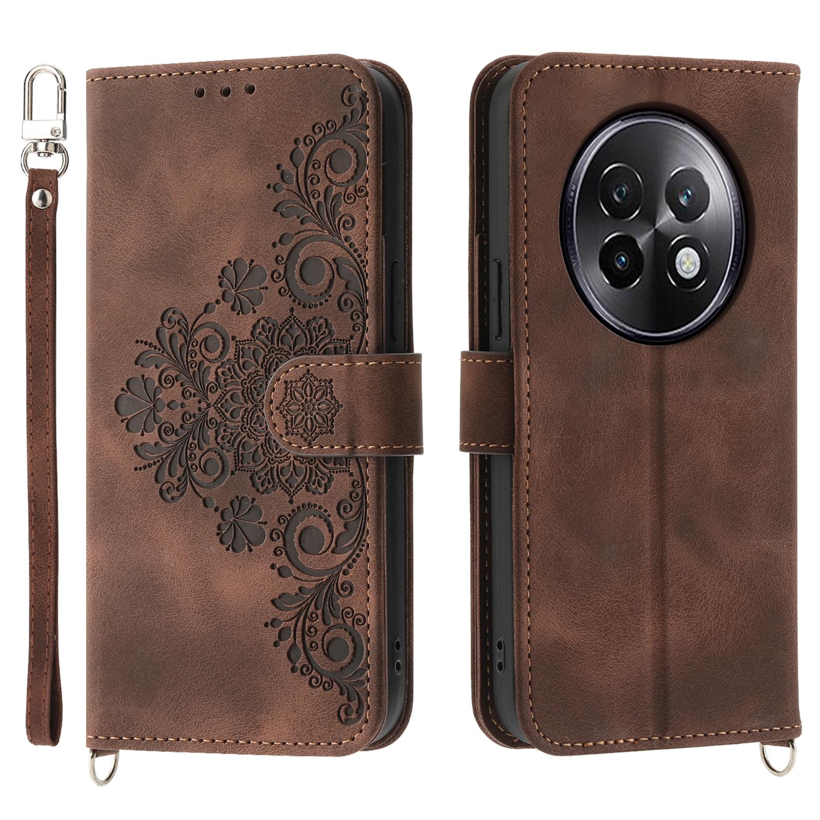 

Для Realme 13+ 5G/13 Pro 5G (Китай) Чехол-кошелек из искусственной кожи с цветочным узором и ремешком Brown