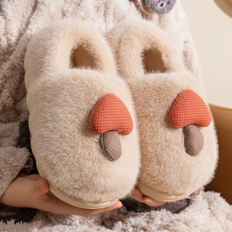 Cute Mushroom Cotton Slippers Women's Winter Bag Heel Warm Home Home Non-slip Couple Plush Thick-soled Fluffy Shoes Women