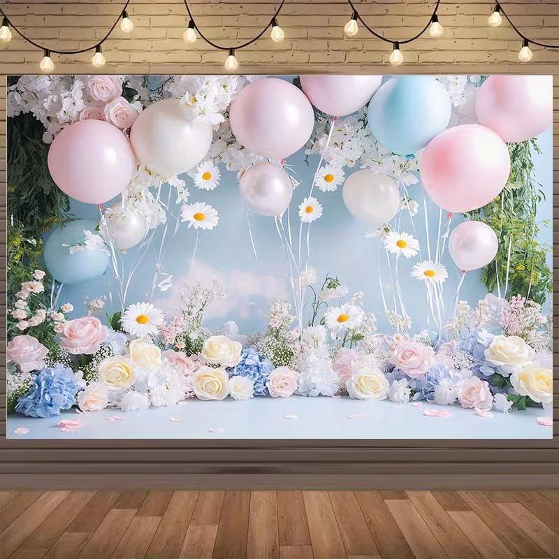 Romantic Pastel Balloon and Flower Backdrop Pink Blue Themed Background Banner for Girls
