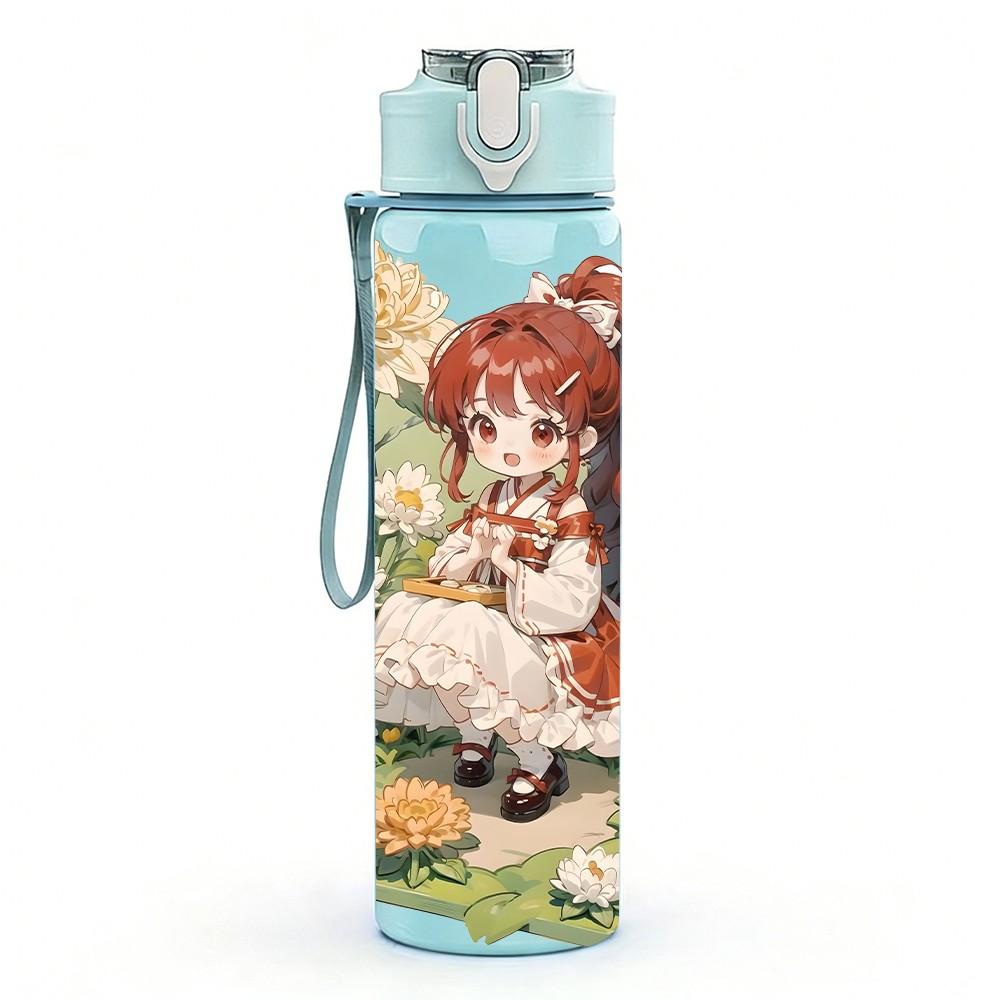 1PC Red Hair Girl Garden Floral Pattern 750ml Color Plastic Sports Water Bottle Leakproof Flip Straw Lid Suitable for Sports Office Home Use