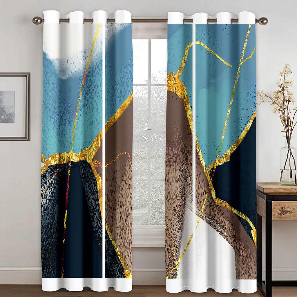 Modern Black Gald Marble Texture Crack Thin 2 Pieces Light Filtering Curtain for Living Room Bedroom Home Window Drape Decor