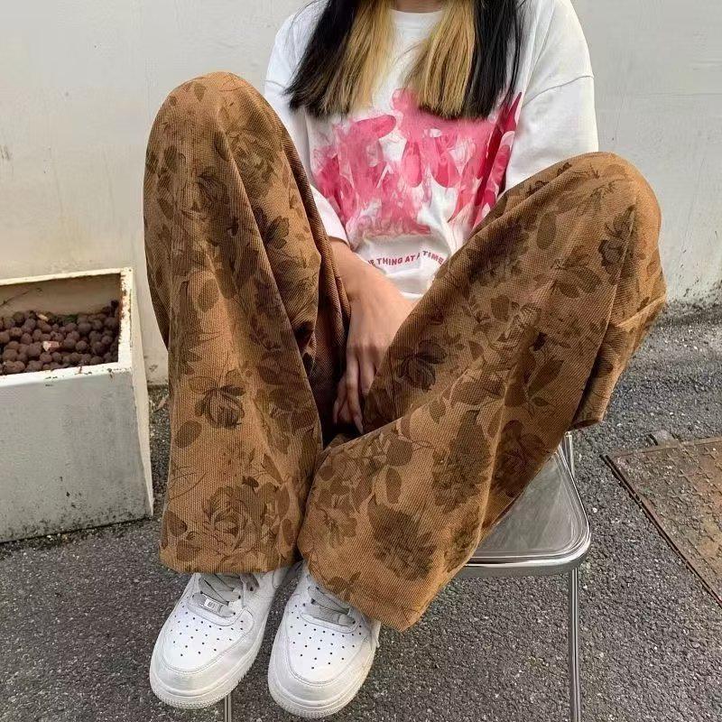 Unisex Corduroy Retro Wide-Leg Printed Pants