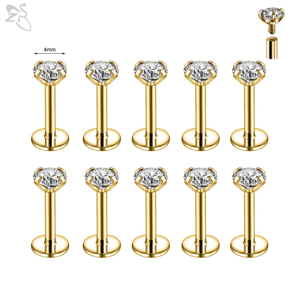 AOEDEJ 10Pcs/Lot Gold Color 16/18G Stainless Steel Labret Lip Stud Set 2/3/4/5/6MM CZ Crystal Helix Cartilage Tragus Piercings