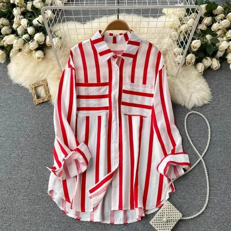 Women Casual Loose Korean Style Vertical Striped Shirt Jacket Mid Length Tops Summer New Multi Color