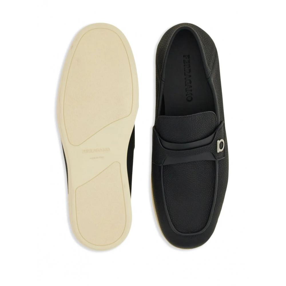 Salvatore Ferragamo Gancini Plaque Leather Loafers Black