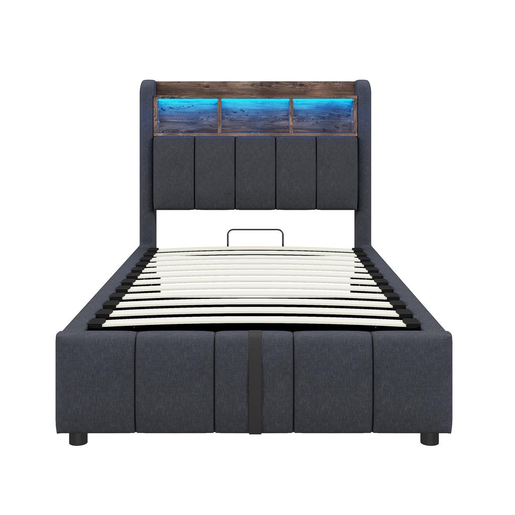 Letto imbottito 90*200cm con illuminazione LED e porta USB, testiera con ripiani, con contenitore idraulico, letto singolo per bambini, grigio lino
