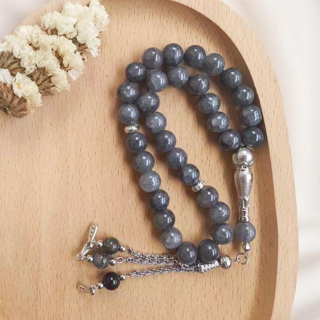 33 Beads 10mm Dragon Vein Stone Tasbih, Cracked Glass Prayer Beads for Ramadan Gift, Islamic Fashion Accessory