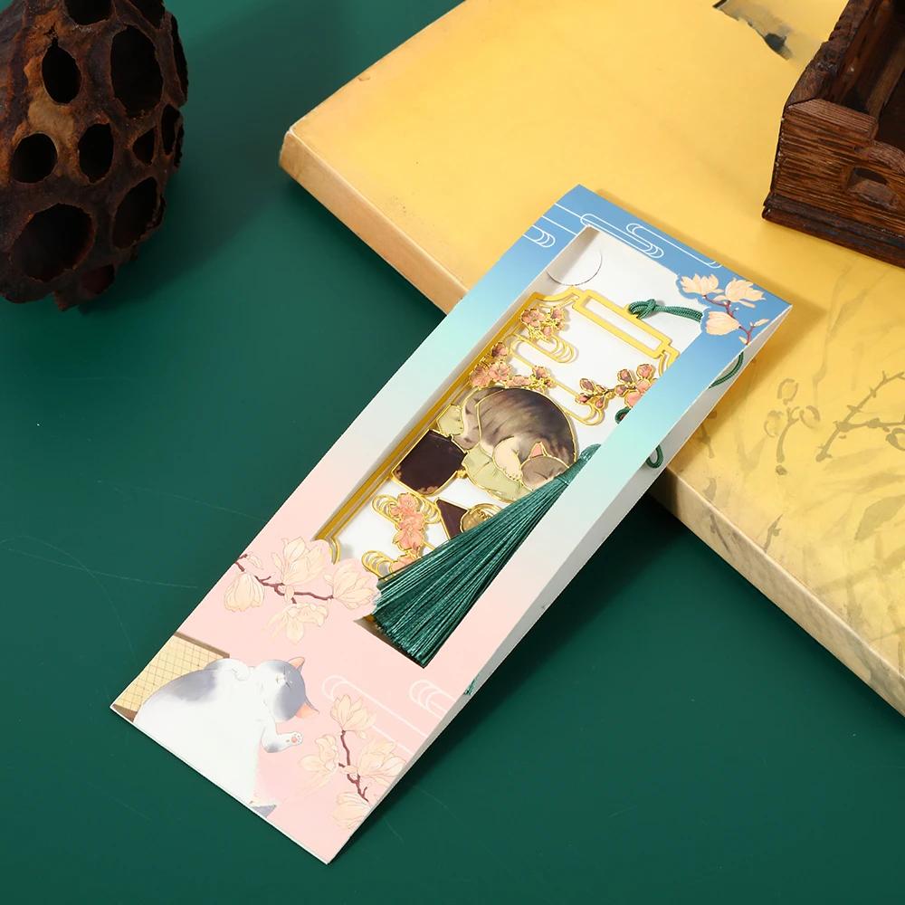 Chinese Style Cat Brass Bookmark Tassel Pendant Book Clip Metal Pagination Mark Student Gift Stationery School Office Supplies