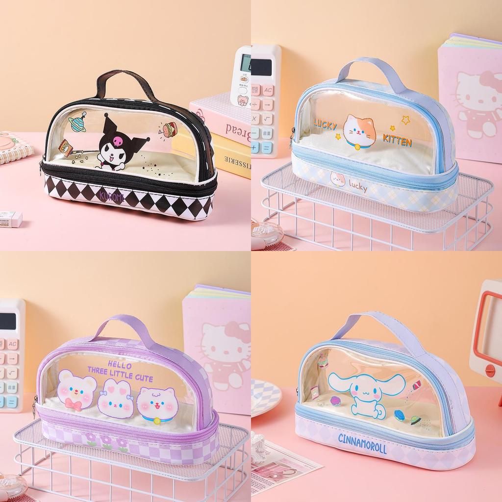 Cartoon Bunny Double Layer Transparent Pen Case With Storage For Students And Gift Use