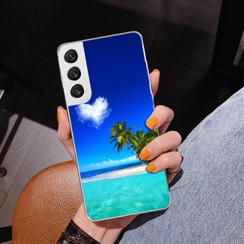 Sommerstrand-Sonnenuntergangs-Meerpalmen-Handyhülle für Samsung Galaxy S24 S25 Edge S26 Ultra S23 S22 S21 Plus S20 FE + personalisiertes Pr
