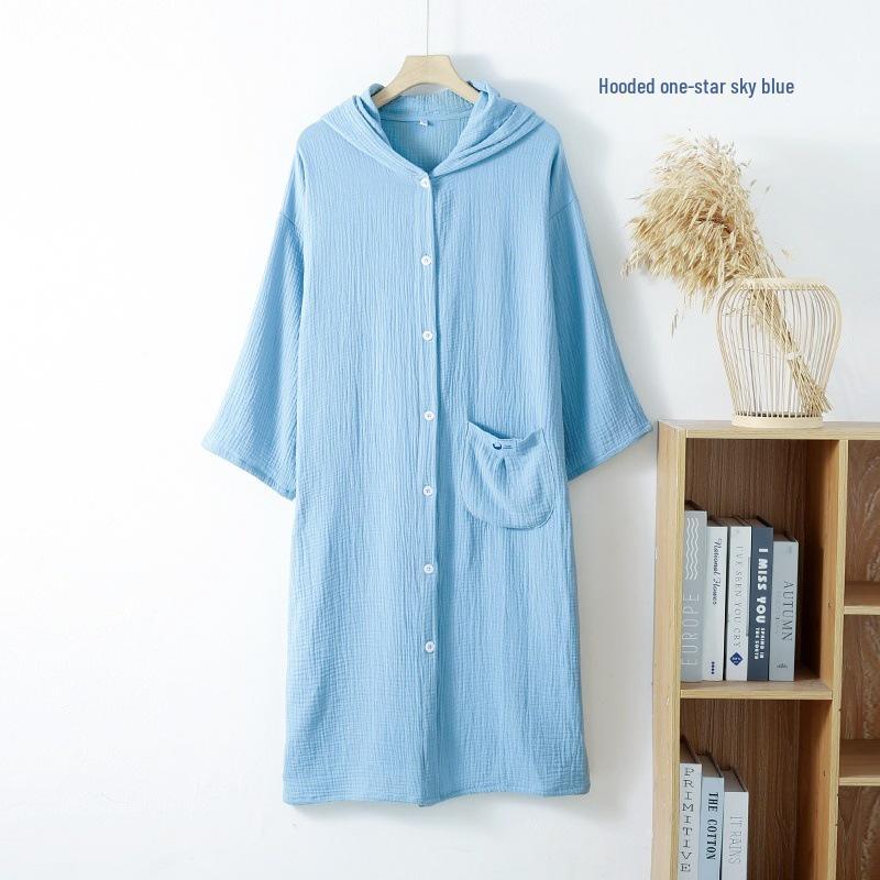 Double-Layer Gauze Cotton Hooded Cardigan Robe Pajamas