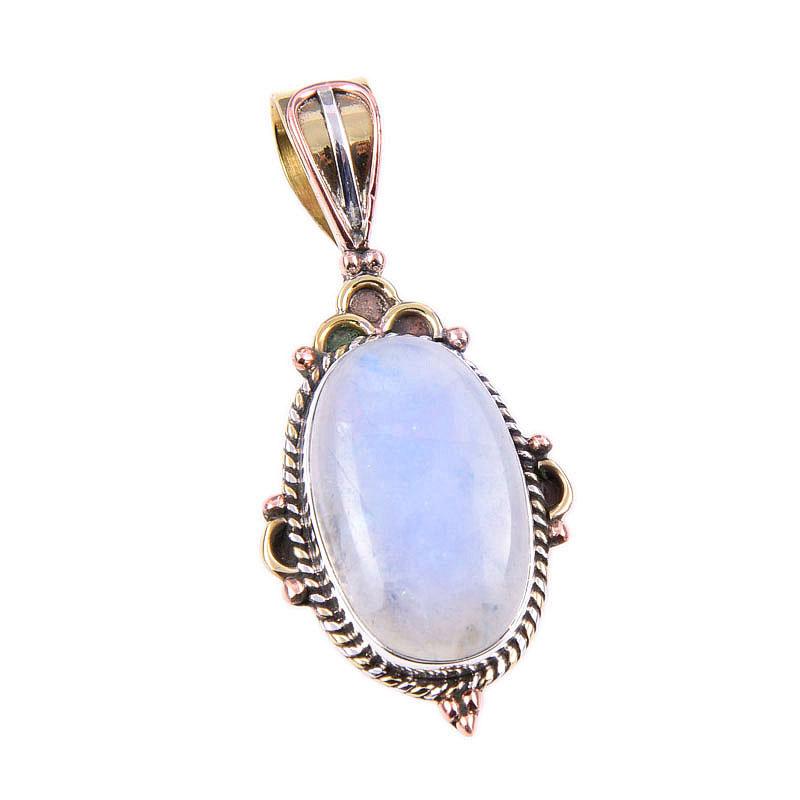 Natural Rainbow Moonstone Gemstone 925 Solid Silver Two Tone Pendant 1.75" o0I17