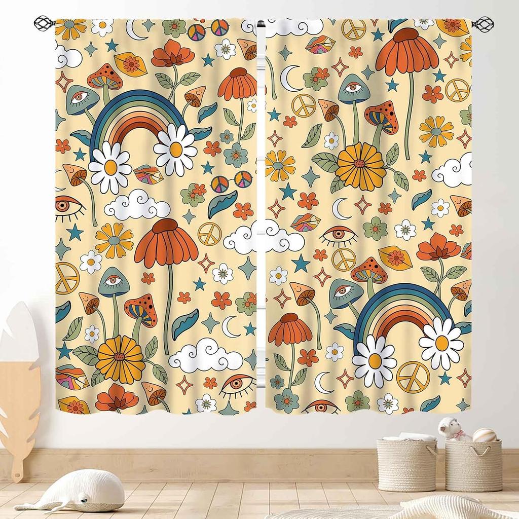 Mushroom Curta, Retro Wild Floral Botanical Mushroom Cottagecore Nature Plants Herbs Farmhouse Blackout Drapes For Kitchen