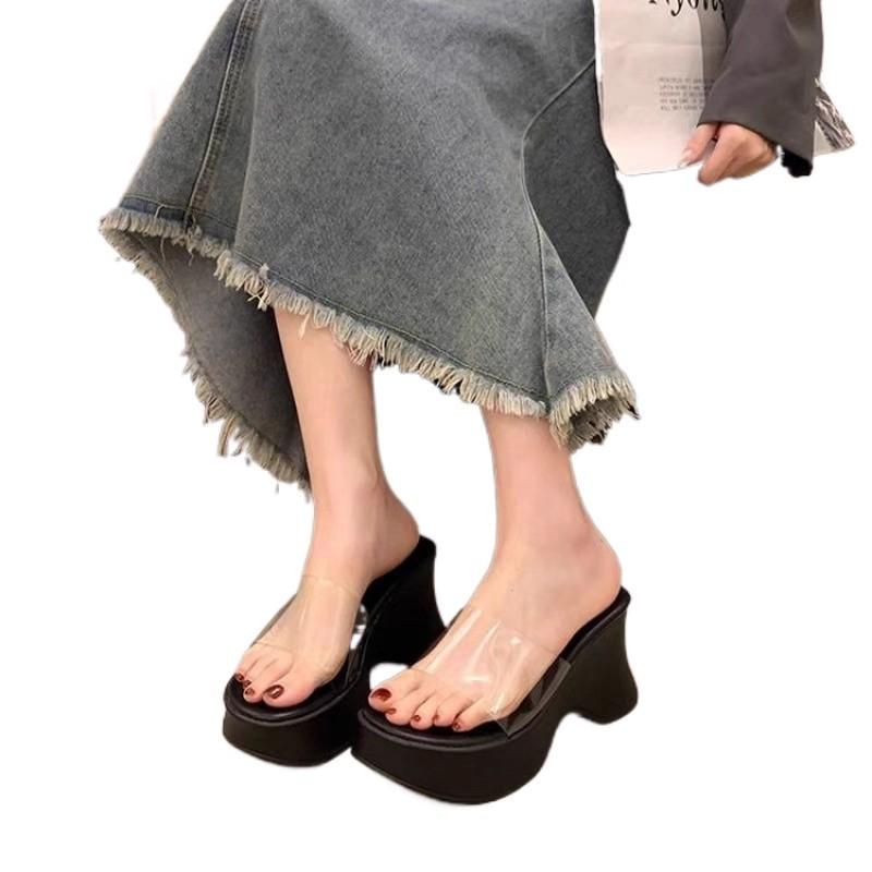 sponge cake thick bottom slope heel cool slippers women's summer wear fashion 2025 new high-end fairy wind transparent one-word drag
