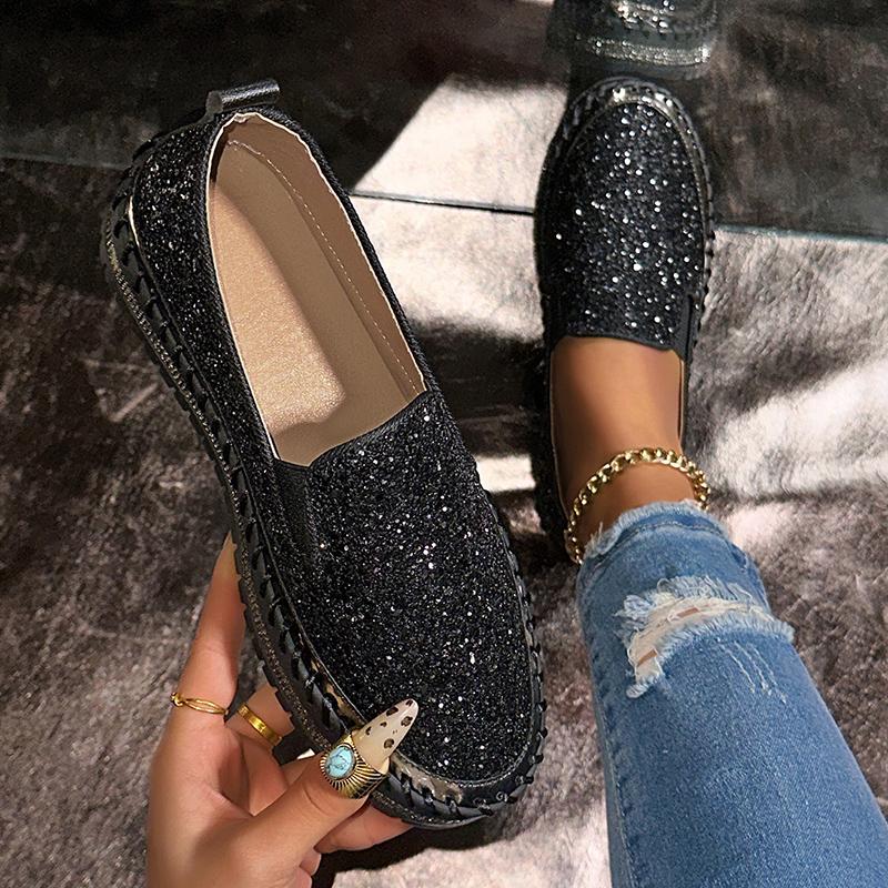 Fashion Women's Bling Rhinestone Decor Flats Comfort Thick Sole Slip On Casual Shoes Woman Fashion Gold Silver Glitter Platform Loafers